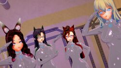  3d blake_(blakiee) blonde_hair blue_eyes blue_hair blush bodysuit brown_hair collar crop_top cybus_industries doctor_who_(series) drone dronification eleanor_(milena) female_only femsub flower flower_in_hair fox_ears fox_girl glasses happy_trance kitsune_girl koikatsu! latex lipstick liz_(blakiee) milena navel original pink_hair red_hair saluting shark_girl tech_control 