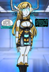 blonde_hair blue_eyes brain_injection breasts clothed dress expressionless female_only femsub gloves glowing glowing_eyes large_breasts long_hair oriana_anima_(oriana_anima) original resisting robot standing standing_at_attention tech_control text zorro-zero