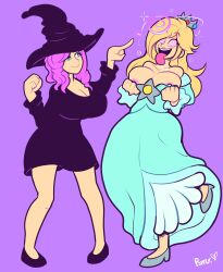  blonde_hair breasts ereme_(bobbette) female_only femdom femsub happy_trance large_breasts magic nintendo open_mouth original pink_hair princess princess_rosalina psyfly spiral_eyes super_mario_bros. symbol_in_eyes tongue_out undressing witch witch_hat 