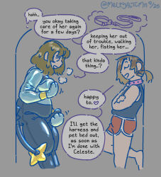 barefoot bodysuit brown_hair butt_plug chubby closed_eyes clothed collar consensual erection erection_under_clothes feet female_only femdom femsub grey_background hypnotic_clothing large_breasts leaning_forward leash legs masturbation meltyautumn open_mouth original penis pet_play pokemon ponytail rubber shinx shirt short_hair shorts simple_background smile tail text thick_thighs tight_clothing transfem transgender_identity