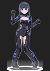  aura black_background black_hair blue_eyes blush boots chou-soku_henkei_gyrozetter cleavage empty_eyes evil_smile female_only femsub gloves happy_trance leotard long_hair looking_at_viewer obakenorururu shodo_kotoha simple_background smile solo standing straight-cut_bangs 