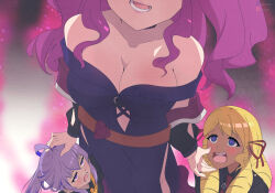 ahoge arm_warmers aura bare_shoulders belt blonde_hair blush bow_tie character_request cleavage clothed collarbone copyright_request dress eyebrows_visible_through_hair female_only femdom femsub gojulas hypnovember large_breasts legs lipstick long_hair open_mouth pheromones purple_eyes purple_hair reign_of_the_seven_spellblades school_uniform side_slits skirt smile tan_skin twin_braids