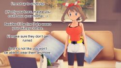 altered_common_sense ash_ketchum blue_eyes brown_hair clothed couch dialogue english_text femsub maledom may mustardsauce pillow pokemon pokemon_(anime) text