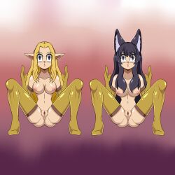  alpha_(the_eminence_in_shadow) animal_ears delta_(the_eminence_in_shadow) expressionless femsub human_furniture nude opera_gloves spread_legs the_eminence_in_shadow thighhighs 