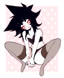 absurdres ash_kinoshita_(dreamalgia) bare_shoulders black_hair black_nail_polish blush border bra dreamalgia female_only femsub freckles heart_eyes nail_polish original panties simple_background solo spiralwash_eyes symbol_in_eyes thighhighs underwear wounds