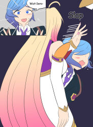 ahoge alternate_costume alternate_hair_color bare_shoulders betrayal blue_eyes blue_hair blush comic corruption dialogue english_text femsub hypnotized_dom league_of_legends long_hair magical_girl maledom nail_polish open_mouth orianna_(league_of_legends) possession ruination seraphine_(league_of_legends) short_hair spanking speech_bubble sub_on_sub sweat text tie vel viego_(league_of_legends)