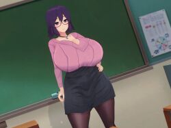  3d 3d_custom_girl absurdres before_and_after breasts cleavage clothed female_only femsub glasses hand_on_hip huge_breasts jewelry minami necklace pantyhose purple_eyes purple_hair skirt solo 
