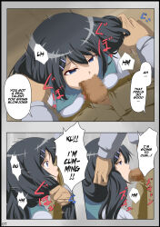 age_difference artist_request belt black_hair blue_eyes blush breasts brown_hair censored cleavage comic dialogue empty_eyes expressionless fellatio femsub hard_translated huge_breasts iinchou_ni_saimin_o kana_sato maledom penis text translated unaware