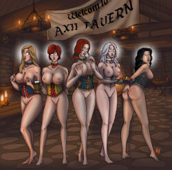  black_hair blonde_hair bottomless breasts breasts_outside cirilla_fiona_elen_riannon collar corset hypnolion long_hair looking_back magic nipple_tweak open_clothes priscilla_(the_witcher) red_hair shani_(the_witcher) short_hair silver_hair spanking text the_witcher the_witcher_3 tray triss_merigold waitress yennefer_of_vengerberg 