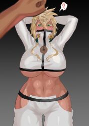  armpits arms_above_head arms_behind_back bleach blonde_hair blush cicada_61 clothed face_mask face_paint female_only femsub green_eyes hourglass_figure huge_breasts large_breasts looking_at_viewer male_pov pendulum pov short_hair simple_background tan_skin tier_harribel 