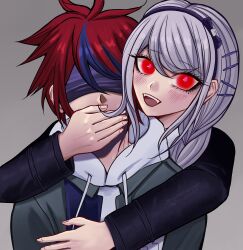  absurdres blindfold blush clothed eye_color_change femsub g'ie g'ie_queen glowing_eyes hair_color_change hand_on_head headband hood hoodie hundred_line hypnotized_dom looking_at_viewer malesub mole multicolored_hair myeternal_moon nozomi_kirifuji open_mouth possession purple_hair red_eyes red_hair restrained short_hair smile spoilers sweat takumi_sumino the_hundred_line:_last_defense_academy white_hair yandere 