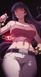 bangs black_background bracelet cleavage collarbone crop_top femdom glowing glowing_eyes long_hair looking_at_viewer midriff nintendo pants pendulum pokemon pokemon_heartgold_and_soulsilver pov pov_sub red_eyes sabrina simple_background tank_top very_long_hair vivivoovoo