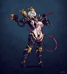 armor blazbaros breasts cleavage corruption gun large_breasts midriff short_hair sister_of_battle solo tattoo tongue tongue_out warhammer_40k weapon whip white_hair