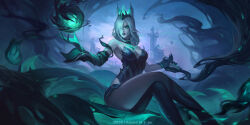 ahri_(league_of_legends) alternate_costume alternate_hairstyle bare_legs body_markings chair control_indicator corruption crossed_legs crown crystal eye_color_change facial_markings femsub gloves glowing_eyes green_eyes hair_color_change hair_covering_one_eye hand_on_head kitsune_girl l_air league_of_legends legs long_hair looking_at_viewer maledom outdoors pale_skin ruination short_hair sitting slit_pupils smoke sword viego_(league_of_legends) weapon white_hair white_skin