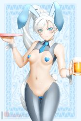  blue_eyes breasts bunny_ears bunnysuit cuffs fake_animal_ears female_only femsub happy_trance heart heart_pasties kimmy77 looking_at_viewer manip master226_(manipper) navel pasties reverse_bunnysuit rwby smile symbol_in_eyes tights tray waitress watermark weiss_schnee white_hair 