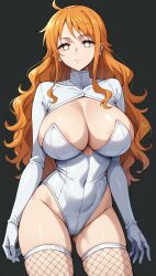 ai_art cleavage drone empty_eyes expressionless long_hair mcdaisukimen_(generator) nami_(one_piece) one_piece orange_hair