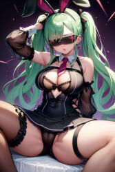  ai_art arm_warmers bare_shoulders beni_yakumo bunny_ears cameltoe cleavage dead_source demon_lilium_(generator) dress earrings expressionless fake_animal_ears female_only femsub garter gloves green_hair sitting solo spread_legs tech_control thighhighs tie twintails underwear virtual_esports_project virtual_youtuber visor 