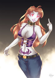 breasts brown_hair cleavage collar corruption delia_ketchum fairy_tail female_only femsub glowing glowing_eyes hadant large_breasts lipstick long_hair middle_finger midriff navel nintendo pokemon pokemon_(anime) rock_of_succubus signature simple_background solo tattoo transformation watermark