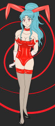  absurdres arm_bands black_background blue_hair botan bunny_ears bunny_girl bunnysuit choker cleavage collarbone eyebrows_visible_through_hair fake_animal_ears female_only femsub gloves high_heels hy2300 large_breasts long_hair ponytail red_eyes simple_background smile solo spiral_background spiral_eyes standing thighhighs yu_yu_hakusho 