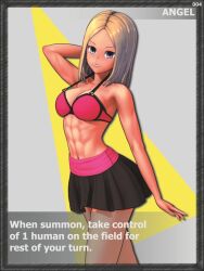  3d abs bare_legs blonde_hair breasts card collarbone empty_eyes female_only grey_eyes hand_on_head koikatsu! koikatsu_sunshine! long_hair miniskirt navel persephone858 posing simple_background skirt smile solo standing tagme text 