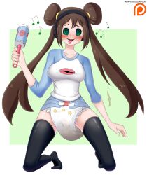  blush breasts brown_hair diaper double_hair_bun female_only femsub hair_buns happy_trance headphones hypnotic_audio large_breasts nintendo pokemon pokemon_black_and_white_2 rattle ring_eyes rosa_(pokemon) scat smell solo tears thighhighs tongue tongue_out twintails urination xjio 