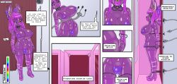 absurdres bikini bikini_bottom bikini_top bow bow_tie bulge bunny_boy bunny_ears collar comic dialogue display earrings english_text fishnets furry heart high_heels lipstick long_hair malesub mannequin mechanical_arm metiore nose_piercing nose_ring original piercing pink_eyes pink_hair pink_lipstick puckered_lips purple_skin speech_bubble tech_control text thong transformation