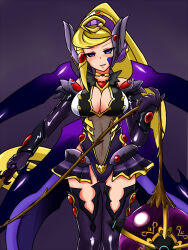  blonde_hair blue_eyes breasts cleavage collar corruption empty_eyes face_paint gloves headband leotard long_hair ponytail skirt thighhighs thighs trickstar_holly_angel whip yu-gi-oh! yu-gi-oh!_vrains 