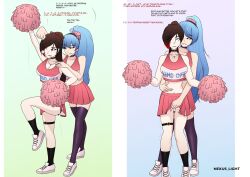  arms_above_head before_and_after blue_hair brown_hair cheerleader choker cleavage collarbone crop_top earrings eyebrows_visible_through_hair female_only femdom femsub fingering hair_band hair_covering_one_eye hair_ribbon happy_trance jasmine_(anno) midriff miniskirt mole multicolored_hair navel necklace nexus_light original pendulum ponytail purple_eyes red_eyes red_hair shoes short_skirt simple_background smile socks thighhighs velvet_(nexus_light) yuri 