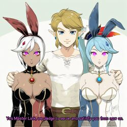 ai_art blonde_hair blue_eyes blue_hair bunny_ears bunny_girl bunnysuit cia cleavage crystal dialogue elf elf_ears empty_eyes english_text expressionless femsub fishnets glowing_eyes hair_ornament hellsing002_(generator) hyrule_warriors lana_(zelda) large_breasts link long_hair maledom multiple_girls multiple_subs nintendo pink_eyes short_hair side_ponytail simple_background text the_legend_of_zelda white_hair