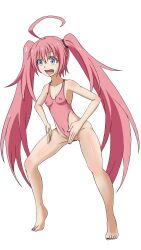  absurdres ahoge bare_legs barefoot blue_eyes body_control collarbone delu_04delu_01 erect_nipples_under_clothes female_only femsub haigure happy_trance milim_nava one-piece_swimsuit open_mouth pink_hair simple_background solo spread_legs standing swimsuit that_time_i_got_reincarnated_as_a_slime tiptoes toenail_polish very_long_hair white_background 