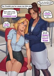 blonde_hair blue_eyes brown_hair chin_hold classroom comic drool femdom femsub green_eyes hair_buns masturbation pantyhose sculptortusk short_hair skirt socks spiral_eyes tagme