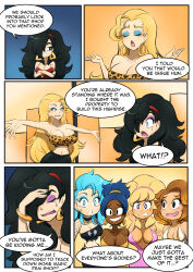 black_hair blonde_hair blue_hair brown_hair comic dress earrings female_only kobi94 large_breasts leopard_print long_hair midriff original text transgender tube_top