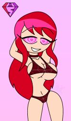  ambiguous_pov arms_above_head bikini choker eyebrows_visible_through_hair eyelashes female_only femsub heart_eyes hypnoscream large_breasts long_hair looking_at_viewer marvel_comics mary_jane_watson midriff navel pink_background posing red_hair shiny_hair spider-man_(series) swimsuit thong underboob watermark wide_hips 