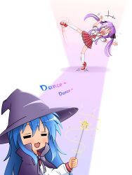  angry aware blue_hair blush body_control closed_eyes clothed dancing embarrassed english_text female_only femdom femsub hat hypnotic_magic kagami_hiiragi konata_izumi long_hair lucky_star magic magic_wand mumubb purple_hair shoes skirt text twintails witch_hat 