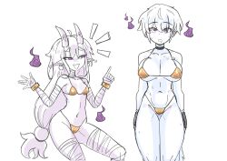  angry bikini cleavage demon_girl drool eye_roll femsub golden_swimsuit horns large_breasts magic open_mouth original purple_eyes sharp_teeth sleepy_axolotl spiral_eyes tail 