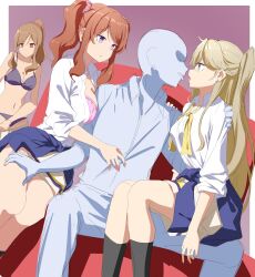  blonde_hair bra breast_press brown_eyes brown_hair cleavage copyright_request empty_eyes etlabsotwe expressionless femsub groping kissing lonely_attack_on_the_different_world long_hair maledom multiple_girls multiple_subs open_shirt purple_eyes ribbon school_uniform side_ponytail simple_background sitting sitting_on_lap sketch skirt tongue_out twintails underwear undressing 