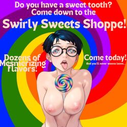  absurdres advertisement ahegao bare_breasts bare_shoulders blue_hair bottomless breasts candy carmen_sandiego drool female_only femsub food glasses hypnotic_food julia_argent_(carmen_sandiego) koolaidboi lollipop looking_at_viewer no_bra nude open_mouth rainbow_eyes short_hair simple_background simulated_paizuri spiral spiral_eyes symbol_in_eyes text tongue tongue_out topless zupern0va_(manipper) 