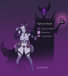  absurdres blush bottomless breasts corruption elf_ears female_only flower glowing glowing_eyes happy_trance horns hypnotic_plant inkyfluffsdraws long_hair nude open_mouth original plant purple_hair purple_skin smile text topless transformation vines 