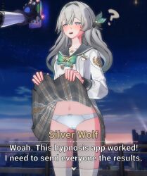  3d absurdres blush clothed confused dazed english_text exhibitionism female_only femdom femsub fingerless_gloves firefly_(honkai_star_rail) gloves glowing hair_ornament harchi hard_translated honkai_star_rail hypnotic_app hypnotic_screen long_hair midriff multicolored_eyes multicolored_hair multiple_girls navel open_mouth outdoors panties phone school_uniform shirt signature silver_wolf_(honkai_star_rail) skirt skirt_lift spiral_eyes symbol_in_eyes tech_control text thighhighs translated underwear uniform watermark 