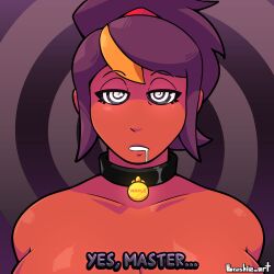  bare_shoulders black_hair blonde_hair brushie_art collar collarbone convenient_censoring dog_tags drool eyebrows_visible_through_hair female_only femsub grey_background large_breasts looking_at_viewer maple_(cdlum) multicolored_hair nude orange_skin original ponytail simple_background solo spiral_background spiralwash_eyes text tied_hair topless 