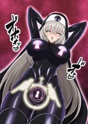  ahegao arms_above_head aura blush bodysuit chastity corruption crotch_tattoo eye_roll futanari glowing grey_hair high_heels huge_breasts japanese_text kuromaru latex leotard m.u.g.e.n. null_bulge nun open_mouth orgasm pad_lock pink_background purple_eyes resisting rubber standing thigh_boots thighhighs tongue tongue_out type_96 veil 