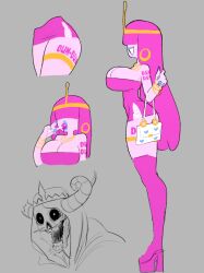 adventure_time bimbofication blue_lipstick brain_drain earrings femsub hair_covering_both_eyes high_heels large_breasts lich_(adventure_time) lipstick long_hair pink_hair princess_bubblegum sqwunx tattoo