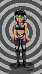 absurdres antenna black_hair breasts brown_hair erect_nipples female_only fembot femsub happy_trance headphones hypnotic_accessory large_breasts latex original robotization short_hair smile spiral_eyes supertechno324 symbol_in_eyes tech_control thighhighs western