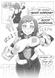 ass blush bodysuit bouncing_breasts breasts breasts_outside confused english_text femsub gmun inverted_nipples large_breasts my_hero_academia nipples ochaco_uraraka short_hair smile speech_bubble text torn_clothes