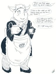  apron clothed dead_source dialogue dress empty_eyes femdom femsub forced_employee furry greyscale happy_trance identity_swap kiaku_(oc) maid maid_headdress memory_alteration monochrome original pig_girl shoes signature simple_background smile speech_bubble stormdragonblue text white_background 