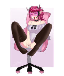  absurdres breasts chair female_only femsub heterochromia hololive hololive_english irys_(hololive) kronobas28 masturbation red_hair simple_background sitting solo tights visor 