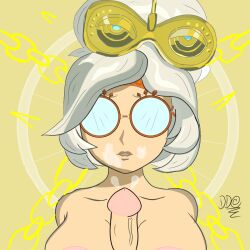 breasts chains collarbone cum cum_on_face erection expressionless femsub glasses grey_hair hair_ornament maledom mask mental_chains nintendo nude paizuri penis purah short_hair signature silver_hair simple_background tears_of_the_kingdom the_legend_of_zelda time_stop topless veins 