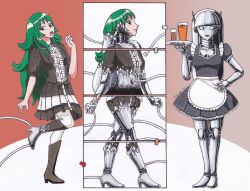 before_and_after color consensual femsub green_eyes green_hair happy_trance jesturia maid robot robot_girl robotization sequence simple_background smile tagme traditional transformation tray