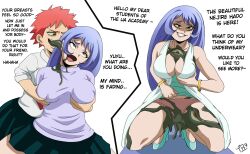  blue_hair bracelet breast_grab breasts brown_eyes cleavage collarbone corruption dialogue dress earrings evil_smile exhibitionism eye_roll holding_breasts large_breasts my_hero_academia nejire_hado open_mouth panties parasite possession red_eyes red_hair shirt short_hair signature simple_background skirt slime sludge_villain smile squatting text traner9 underwear very_long_hair white_background yuyu_haya 
