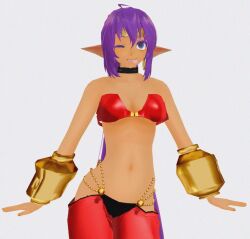  3d animated animated_gif breasts cleavage clothed dancing dark_skin dazed elf_ears female_only femsub happy_trance hypnotic_dance large_breasts long_hair open_mouth ponytail purple_hair resisting robertross shantae shantae_(series) smile tongue tongue_out 